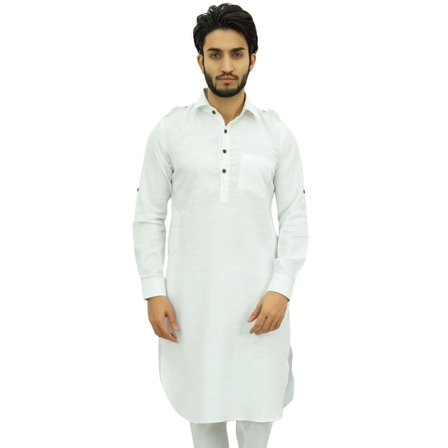 Atasi Ensemble Kurta Pyjama Classique Blanc Style Pathani pour Homme Chemise Longue en Coton-Petit