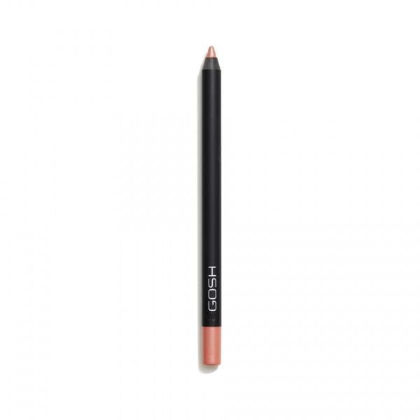 GOSH - Velvet Touch Lipliner Waterproof - 006 Angel Kiss, a black lip liner pencil with a nude pink matte tip and base, featuring waterproof, no-transfer formula enriched with Vitamin E and Jojoba Oil, ideal for defining lips and preventing lipstick bleeding.