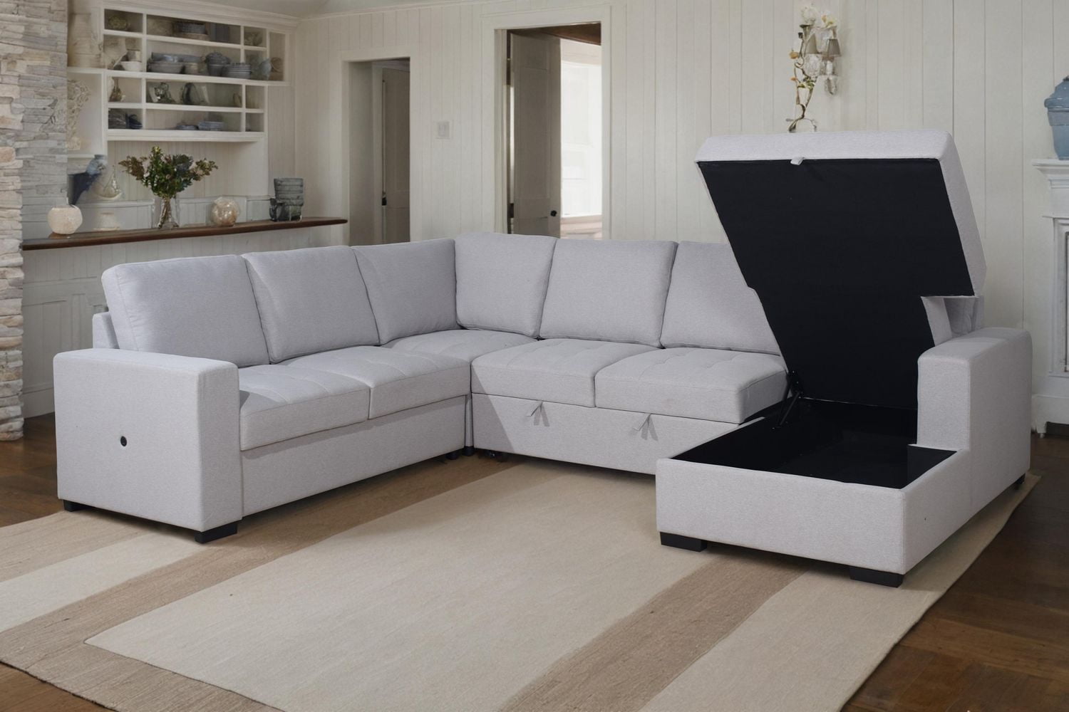 K-Living Xander Sectional/ Sofa Bed in Grey Fabric with Built-In USB Port