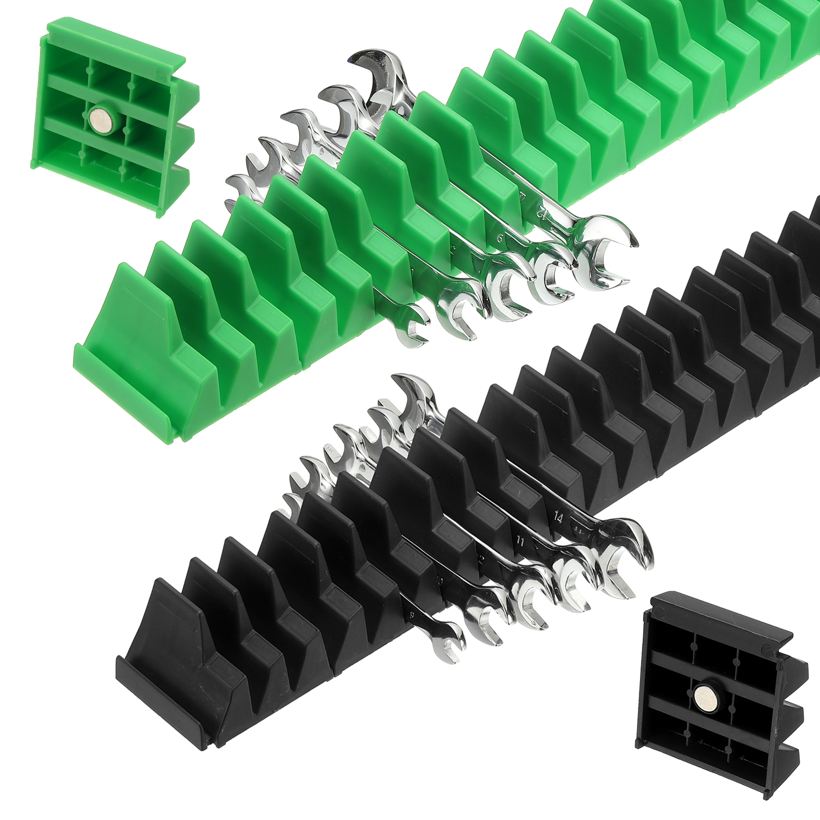 46pcs Magnetic Wrench Organizer for Tool Box, Magnetic Modular Wrench Organizer Holder Toolbox Universally for 46 Tools Drawer Chest Ratcheting Offset Wrenches, Black Green