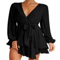thumbnail image 1 of MesaSe Femmes Casual Manches Longues une Ligne Robe de Mode Bandage Couleur Unie Taille Haute Robe Volant, 1 of 4