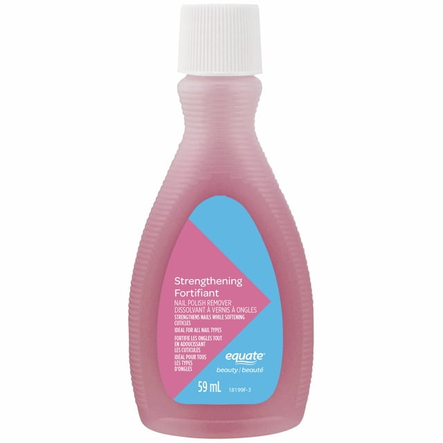 Equate Beauty Strengthening Nail Polish Remover in a 59 mL translucent pink plastic bottle with a white ribbed screw cap, featuring a blue and pink label that highlights nail strengthening and cuticle softening, ideal for all nail types and travel use.