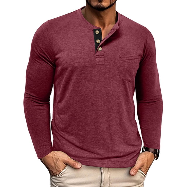 Yusimy Chandail Henley pour Homme à Manches Longues, Col Rond, Boutonné, Couleur Unie, avec Poche, Mode Décontractée
