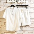 thumbnail image 2 of Two Piece Pants Sets Mens Two Piece Solid Cotton Linen Short Sleeve V Neck Tops and Shorts Set, 2 of 6