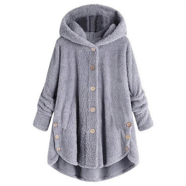 Womens Cardigan Plus Size Button Plush Tops Hooded Loose Cardigan Wool Coat Winter Jacket Navy Xl