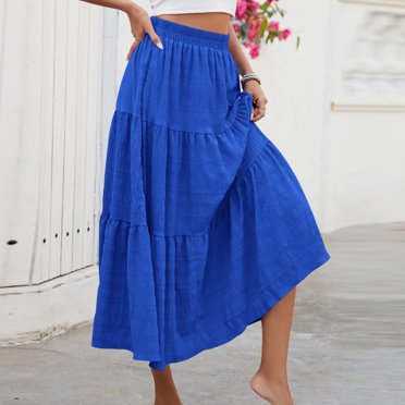 Besolor Women's Summer Boho Midi Skirt Tiered Ruffle Skirt Elastic Waist A-Line Flowy Beach Long Skirts with Pockets