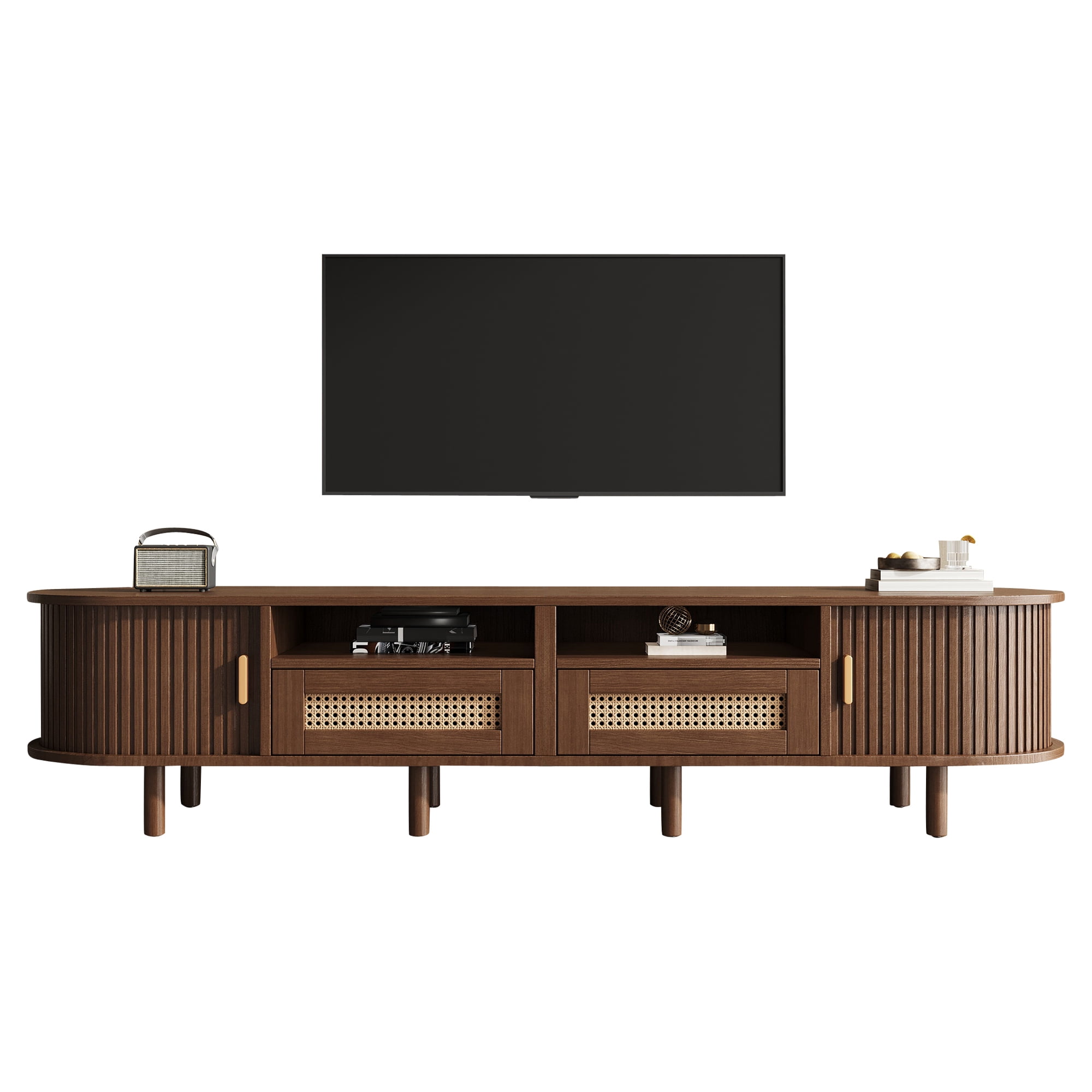 Meuble TV maison Noble 64.9" avec 2 tiroirs en rotin et 2 portes coulissantes, buffet ovale arrondi pour TV 65", noyer