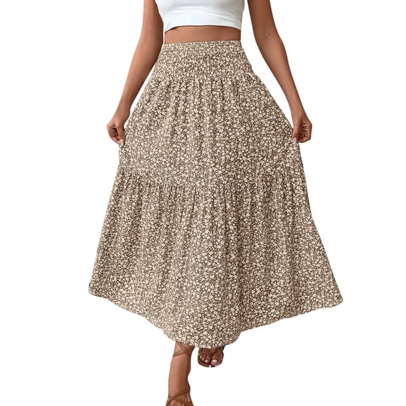 fheaev Flowy Boho Maxi Skirt for Women Trendy High Waist Elastic A Line Pleated Ruffle Tiered Summer Casual Beach Long Skirts