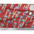 thumbnail image 3 of Soimoi Red Poly Georgette Fabric Monsoon Theme Human Figure Printed Fabric 1 Yard 52 Inch Wide, 3 of 5