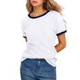 thumbnail image 1 of HXWCHs T-Shirt Uni pour Femme à Col Montant T-Shirt Classique à Col Rond pour Femme avec Garniture Contrastante Stylée pour un Confort Décontracté S Blanc, 1 of 5