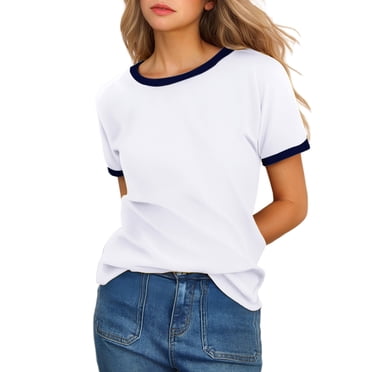 LUOGENLI T-shirts pour Femme pour Femmes T-Shirt Uni à Col Rond à Manches Courtes avec Bordure Contrastante T-shirts pour Femmes T-shirts Graphiques Vêtements d'Été Blanc G