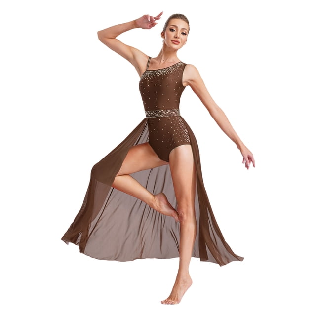 iiniim Robe de Danse Lyrique pour Femmes à Paillettes et Strass, Sans Manches, Fendue, Brun, P