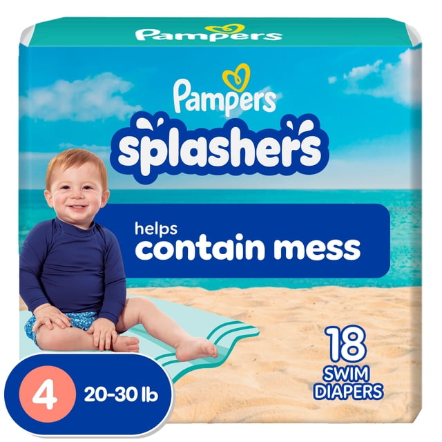 Pampers Splashers Swim Diapers Size 4 package with a toddler sitting on a striped beach towel on sand by the ocean, designed for babies 20-30 lb, disposable swim diapers that help contain mess during water play, includes 18 diapers.