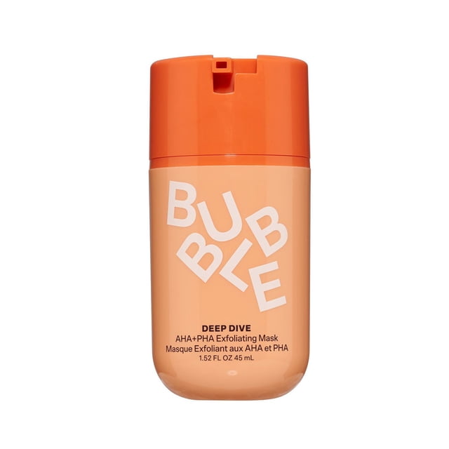 Bubble Skincare Deep Dive AHA + PHA Facial Exfoliant Mask in a peach plastic bottle with an orange flip-top cap, featuring the white Bubble logo and black text, a 45 mL wash-off exfoliating mask with fruit enzymes and acids for smoother, more even skin, ideal for weekly use.