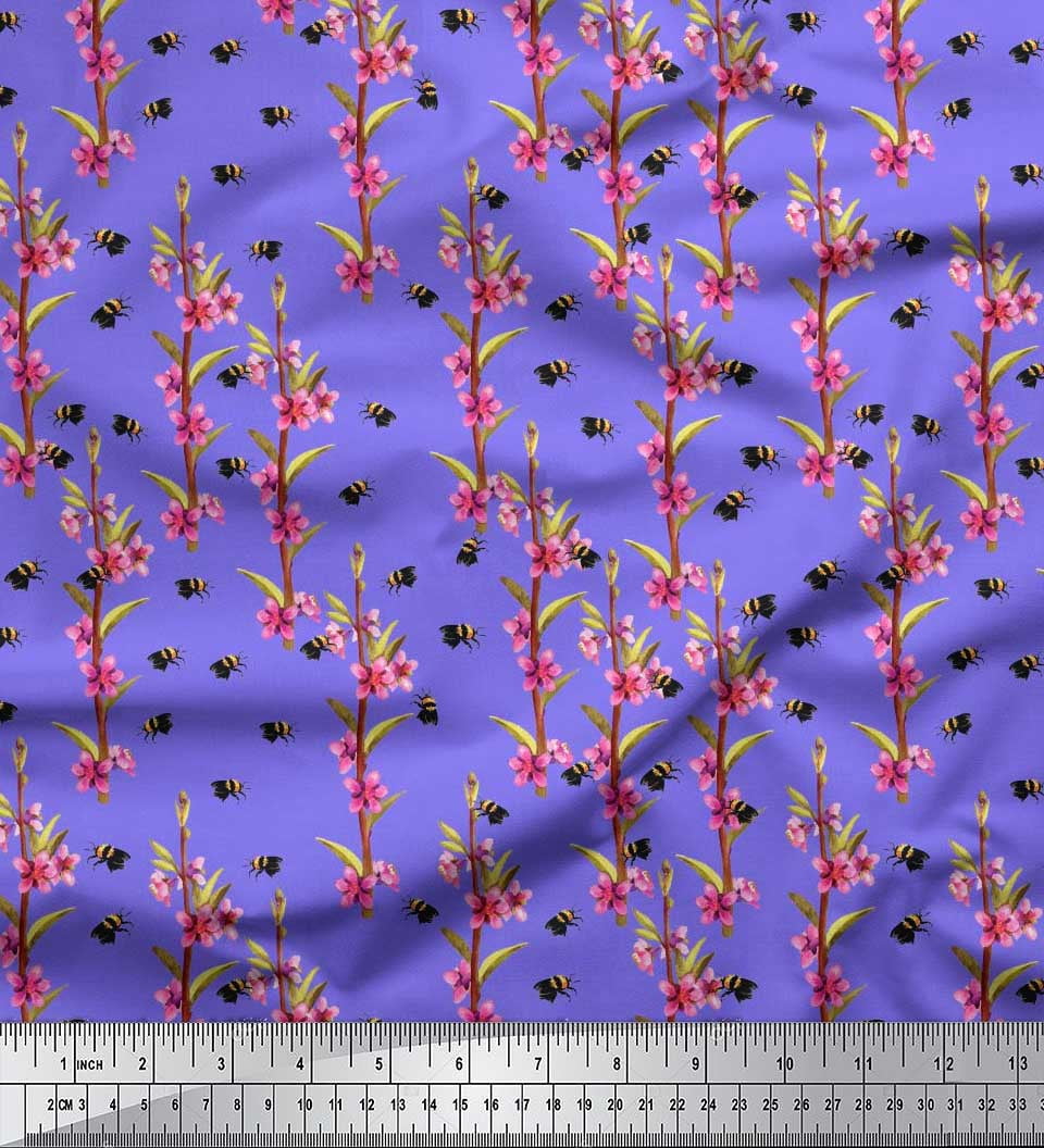 Soimoi Rayon Fabric Leaves,Floral & Honey Bee Insects Printed Fabric 1 Yard 56 Inch Wide