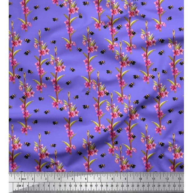 Soimoi Poly Georgette Fabric Leaves,Floral & Honey Bee Insects Decor Fabric Printed Yard 52 Inch Wide