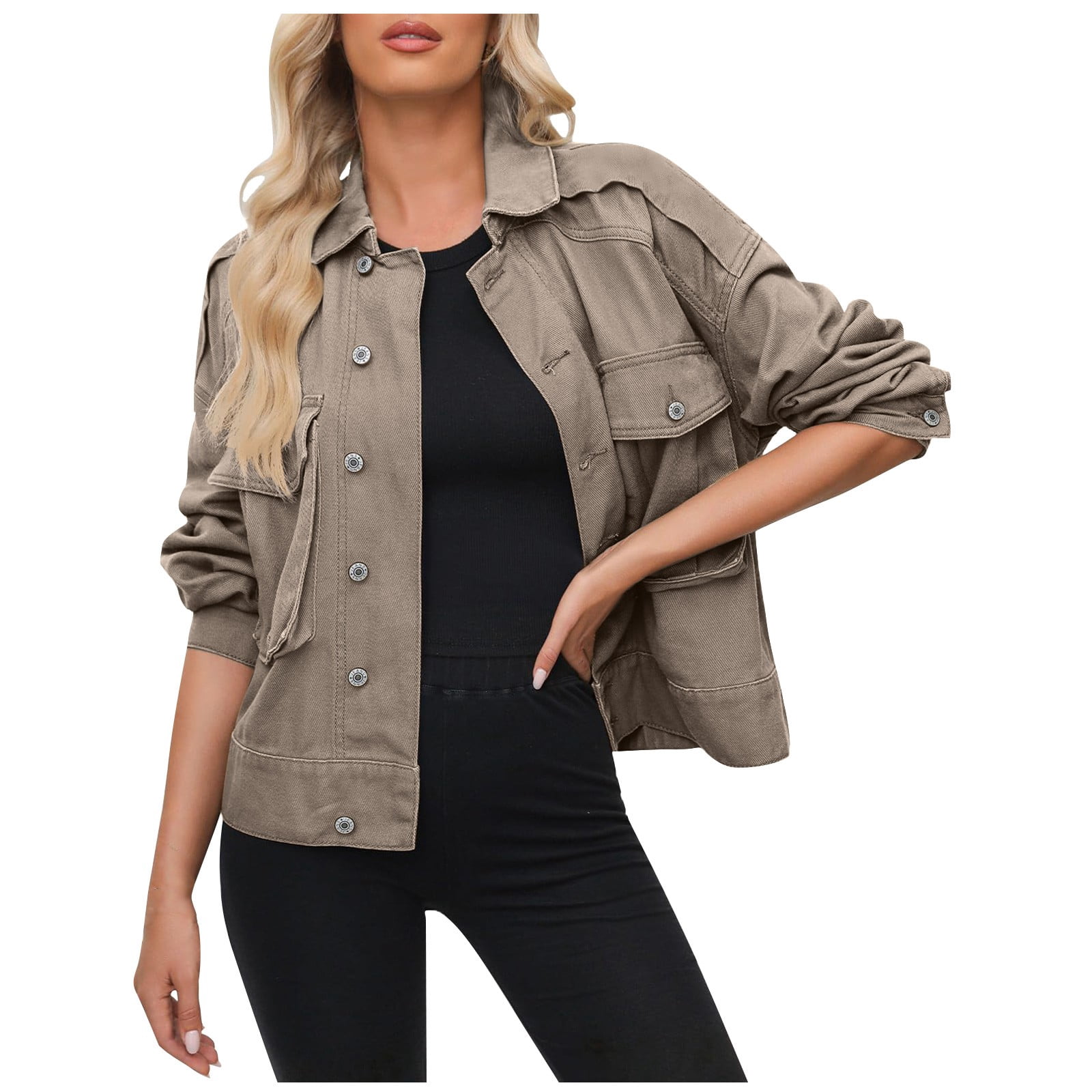 Timegard Jean Jacket for Women Long Sleeve Button down Vintage Fall Fashion Cargo Denim Jacket with Pockets