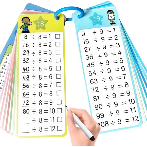 Large-sized flashcards with illustrations, an educational multiplication learning tool suitable for classroom and home use.,A-division