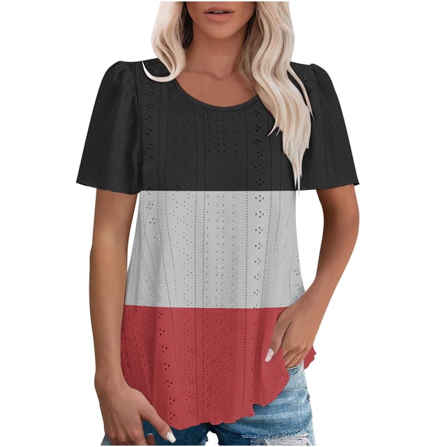 Plebaso Hauts pour Femmes Chemises à Oeillets à Blocs de Couleur Manches Courtes T-Shirts Amples Décontractés Col Rond Blouses Tendance