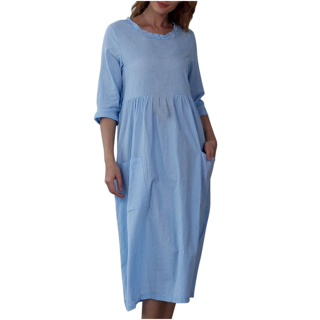 Ersazi Robe Formelle pour Femmes, Printemps pour Femmes, Couleur Unie, Manches Trois-Quarts, Col Rond, Décontractée, Ample, avec Poches, en Liquidation, Bleu Ciel, TTG