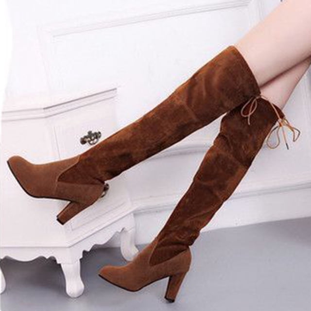 LSLJS Bottes Cuissardes à Talons Hauts pour Femmes, Bottes d'Hiver Chaudes pour Femmes avec Rivets, Fermeture Éclair, Talons Sabots, Équitation, Aguichant Mi-Mollet, Bottes Hauteur Genou pour Femmes
