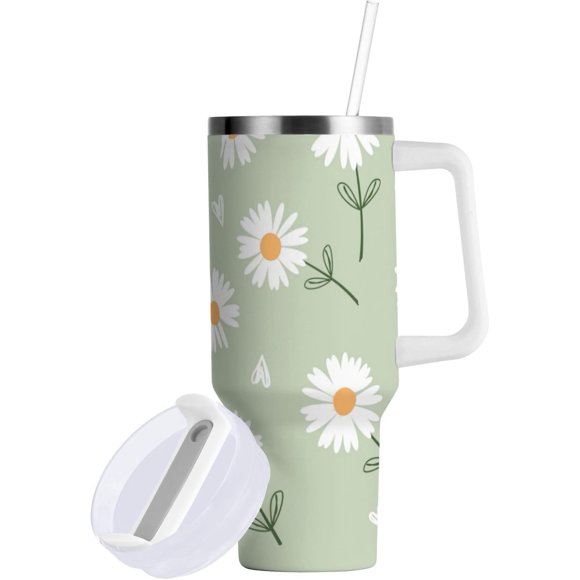 Tasse Gobelet à Fleurs Daisy avec Poignée, Couvercle et Paille, Cœurs, Bouteille d'Eau Verte, Acier Inoxydable, Gobelet de Voyage pour Café, Tasse Gobelet, Cadeaux pour Hommes Femmes 40oz