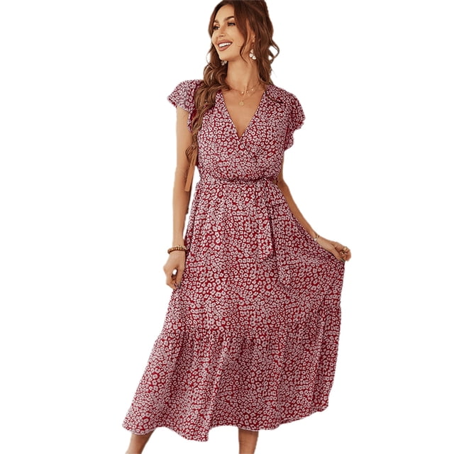 Robe d'Été Longue à Motif Floral : Robe Bohème Élégante à Col en V, Robe de Plage Décontractée pour Femme