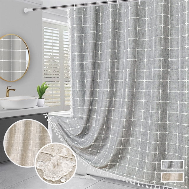 Vaidha Rideau de Douche Bohème de Style Ferme, Ensemble de Rideau de Douche en Tissu Rayé en Lin Robuste avec Pompon, Hydrofuge, Rideau de Douche en Tissu Bohème Vintage Campagnard