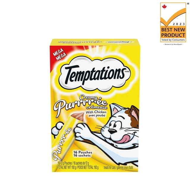 Temptations Creamy Puree Chicken Lickable Adult Cat Treats yellow box with a cartoon cat holding a squeeze pouch, containing 16 single-serve 12g pouches of creamy chicken-flavored cat treats suitable for interactive feeding or as a food topper.