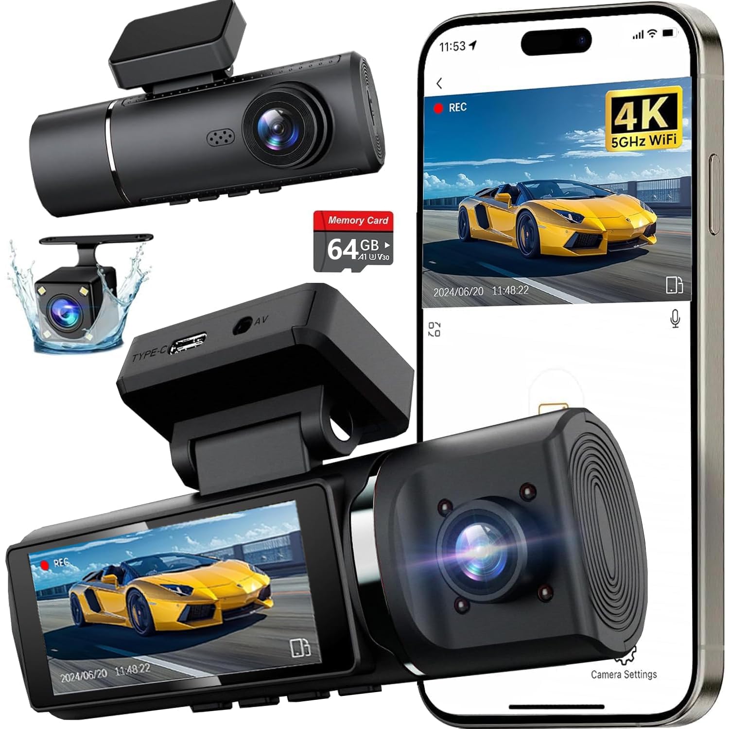 3 Channel 4K Dash Cam Front and Rear Inside, Built-in 5G WiFi, 4K+1080P+1080P Dash Camera for Cars with 64GB Card, Dashcam with Loop Recording,24H Pa