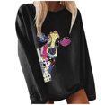 thumbnail image 1 of Leutsin Ladies O-Neck Solid Color Printing Long-Sleeved Loose Striped Casual Top, 1 of 5