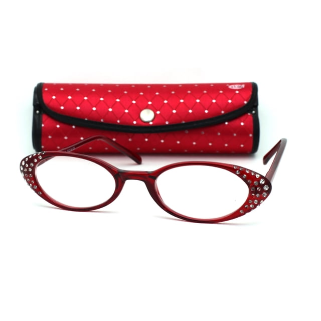 Lunettes de Lecture pour Femmes à Oeil de Chat Ovales Cloutées de Strass avec Étui Rigide Rouge +1,0
