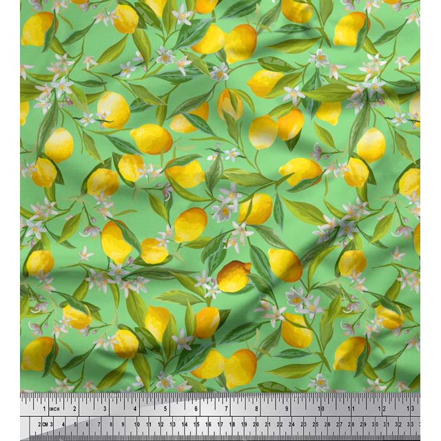 Soimoi Rayon Crepe Fabric Leaves,Floral & Lemon Vegetable Print Sewing Fabric Yard 46 Inch Wide