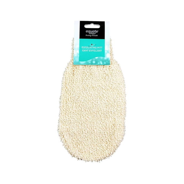 EQUATE BEAUTY EXFOLIATING MITT in beige with a textured surface, featuring a label with the Equate brand, designed as a bath accessory to exfoliate and cleanse skin using body wash during shower or bath.
