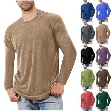 WRKEKC Mens Long Sleeve Tee Shirts, Long Sleeve Tops for Men, Men's Fitness Home Wear Solid Color Cotton Breathable Elastic Soft Sports T-shirt