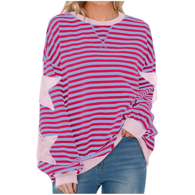 Swstbby Liquidation d'Économies d'Automne! Hauts d'Automne pour Femmes Grande Taille, Blouse Mode pour Femme à Col Rond à Rayures Imprimées Ample à Manches Longues Blouses Chandails Violet P