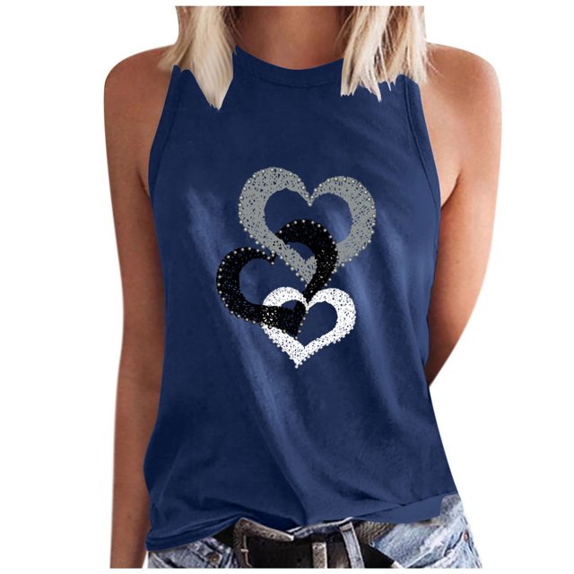 Timegard Camisoles pour Femmes Col Rond Imprimé Cœur Sans Manches Confortables Décontractées Amples Chemises Hauts Blouse