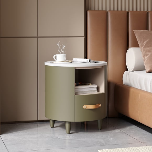 Noble House Modern Round Nightstand with Drawer and Open Shelf, Curved Bedside Table,Green