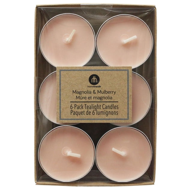 Hometrends Bougies Chauffe-Plat Parfumées Magnolia et Mûrier, Lot de 6, en Cire blush avec Mèches en Coton, Emballées dans une Boîte en Carton Brun avec Couvercle en Plastique Transparent, Offrant Environ 3,5 Heures de Combustion, Idéales pour les Décorations de Noël Intérieures et l'Utilisation Ambiante sur le Manteau de Cheminée Ou sur la Table.