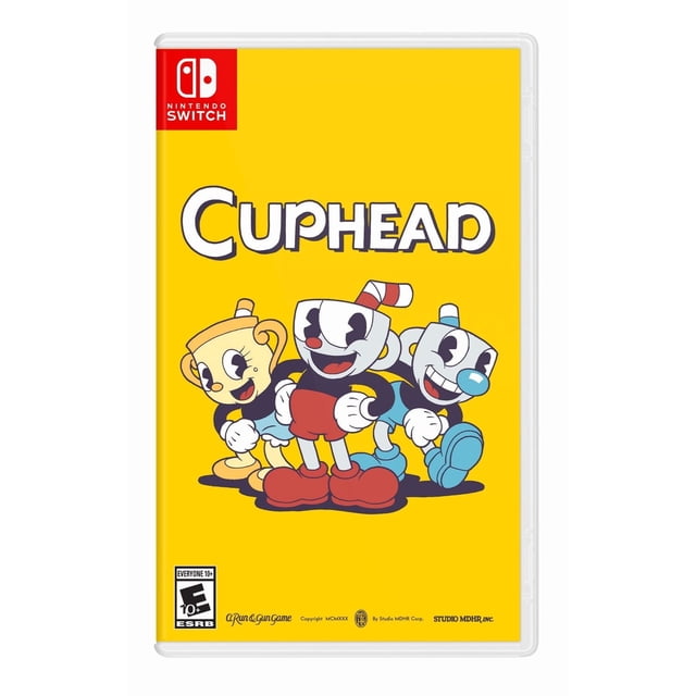Cuphead Nintendo Switch Étui de Jeu avec Fond Jaune Mettant en Vedette Cuphead, Mugman et Ms. Chalice dans un style d'Animation vintage des Années 1930 Dessiné à la Main, Incluant le logo Nintendo Switch et la Cote 10+ pour Tous.