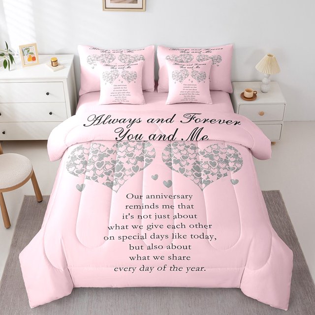 Erosebridal Ensemble de Literie à Imprimé Cœur d'Amour Format Simple, Ensembles de Couette Romantiques de la Saint-Valentin avec Draps, Rose, Réversible