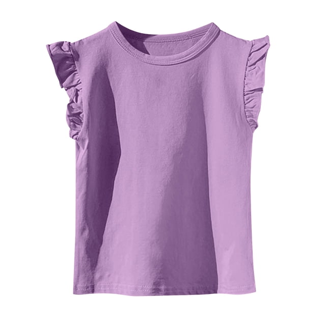 Girls Summer Flutter Sleeve Ruffle Collar Shirts Slim Fit Casual Tank Tops Purple 8-9 Years