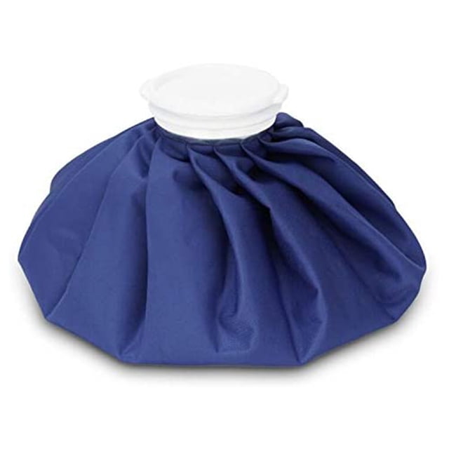 Ice Pack 3 Sizes Reusable Leak-Proof Ice Storage Bag Pouch in medium size with a blue fabric exterior and a white leak-proof cap. Designed for cold therapy or hot therapy, the soft, elastic fabric ensures comfort and fits the skin. Portable, reusable, and safe for travel or home use.