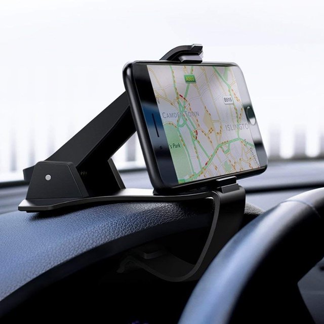 Car Phone Holder Dashboard Mount Stand by Gupgi, suitable for 3-6.5 inch mobile devices, featuring a curved base for secure attachment to most car dashboards. Includes non-slip silica gel to prevent scratches, adjustable display angle, and easy installation without tools. Ideal for GPS display bracket functionality. Black color.