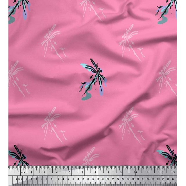 Soimoi Modal Satin Fabric Dragonfly & Texture Print Sewing Fabric Yard 42 Inch Wide