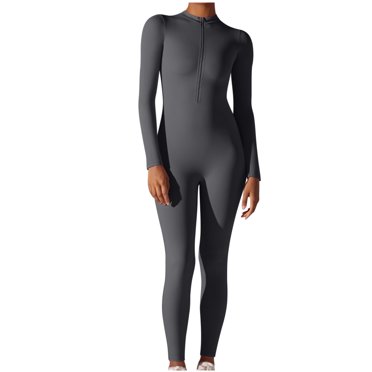 AherBiu Yoga Bodysuits for Women Long Sleeve Slim Half Zipper Joggers Workout Gym Jumpsuits Rompers