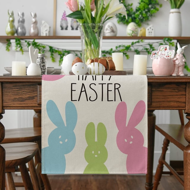 RKSTN Décorations de Pâques Serviette Lapin de Pâques Drapeau de Table Ensemble de 5 Pcs Lin Imprimé de Pâques Imitation Isolation Thermique Napperon de Table Serviette de Table (4 * Serviette+1 * Drapeau de Table)