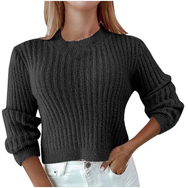 Chandails d'Automne pour Femmes Mode Femmes Confortable Décontracté Couleur Unie Manches Longues Col Rond Hauts Chandail Ample Manches Longues Chandail S-111 Noir P