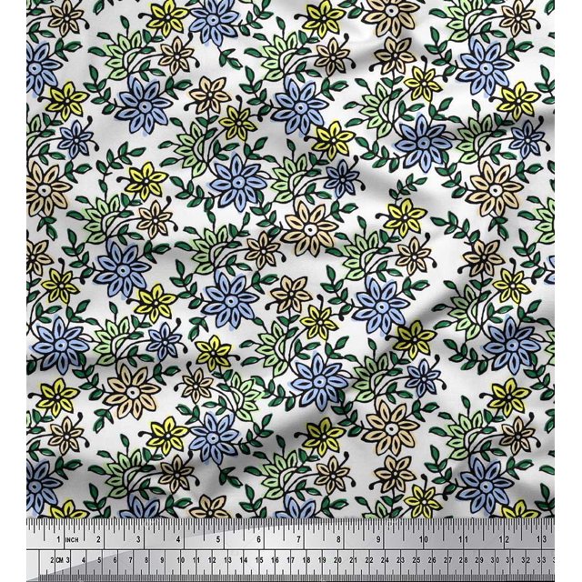 Soimoi Polyester Crepe Fabric Leaves & Floral Block Print Sewing Fabric Yard 52 Inch Wide