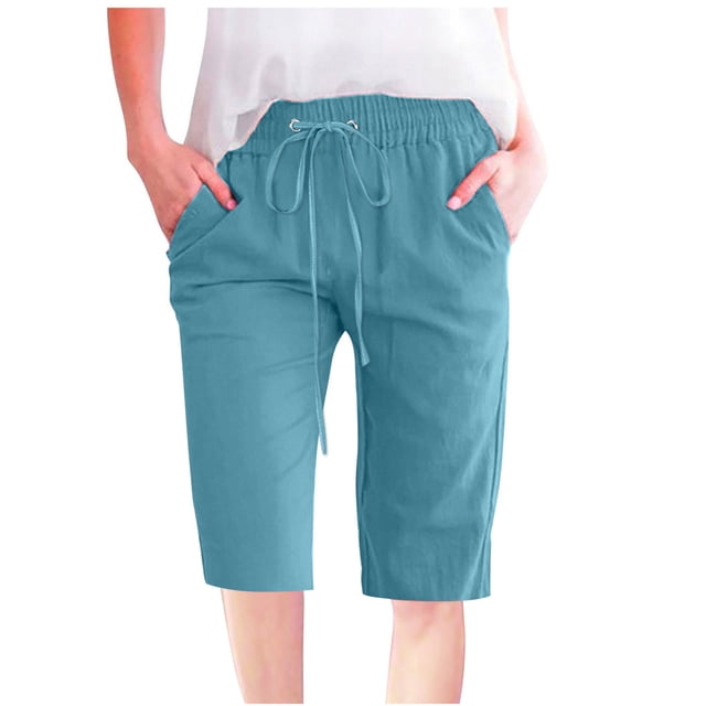 Timegard Womens Plus Size Shorts Elastic Waisted Drawstring Lightweight Casual Knee Length Shorts with Pockets